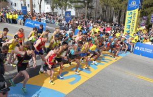 The elite men start the 117th running of the Boston Marathon, in Hopkinton, Mass., Monday, April 15, 2013. (AP Photo/Stew Milne)
